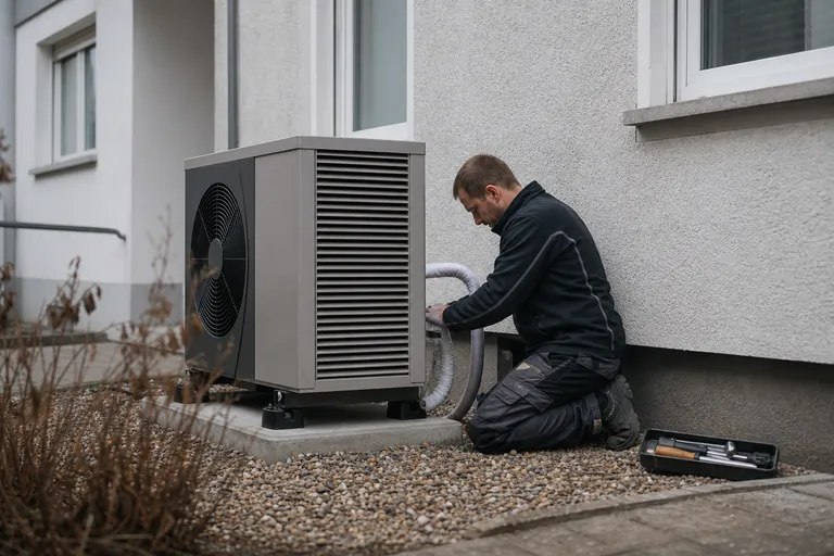 Außeneinheit einer Wärmepumpe vor einem modernisierten Mehrfamilienhaus
