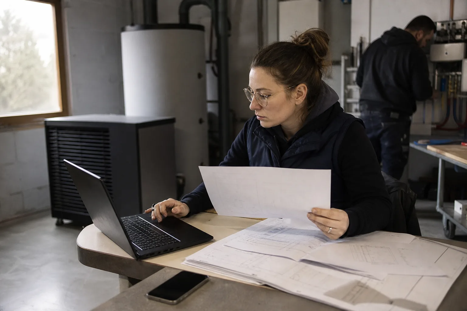 SHK Unternehmerin prüft eine Projektkalkulation auf einem Laptop neben technischen Unterlagen