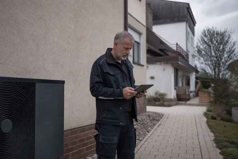 SHK Fachkraft prüft vor einem Bestandsgebäude eine digitale Karte auf einem Tablet