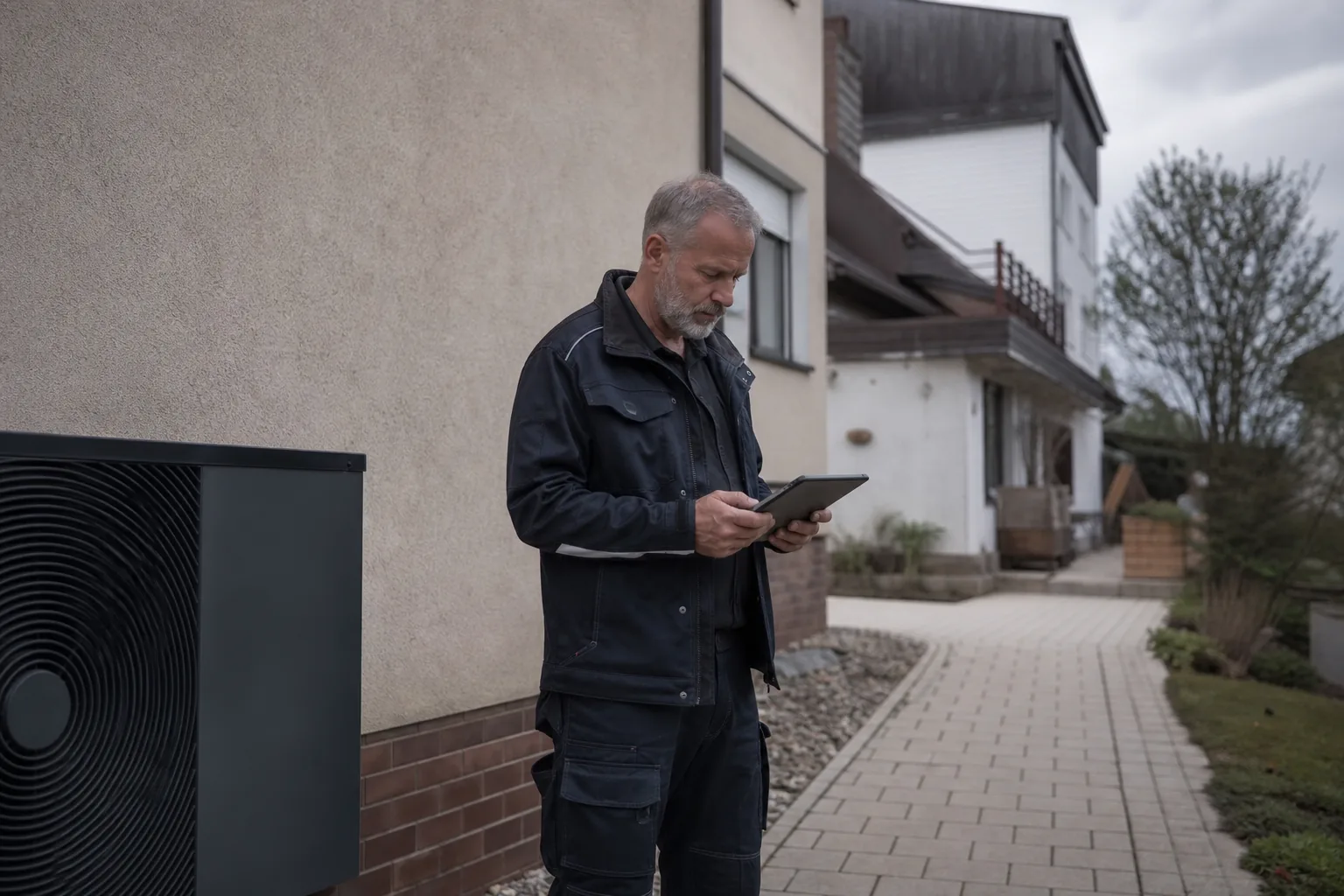 SHK Fachkraft prüft vor einem Bestandsgebäude eine digitale Karte auf einem Tablet